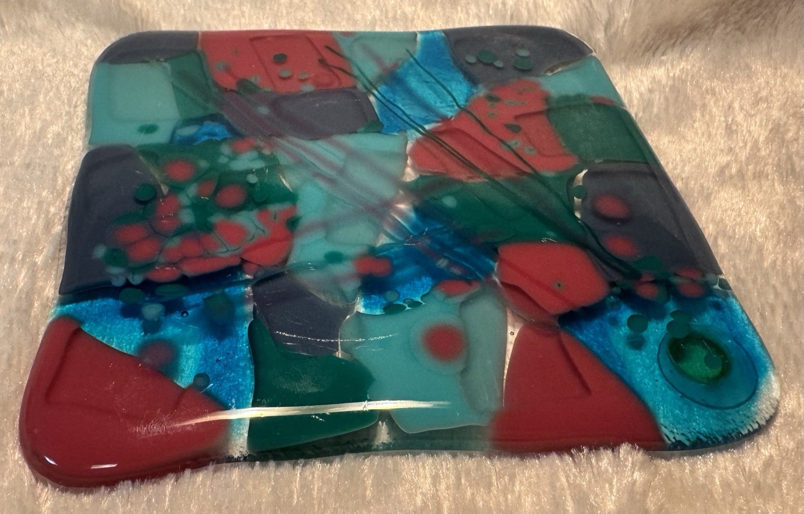 Fused Art Glass Square Candle Holder, Trinket Catcher Coaster Patchwork Colorful