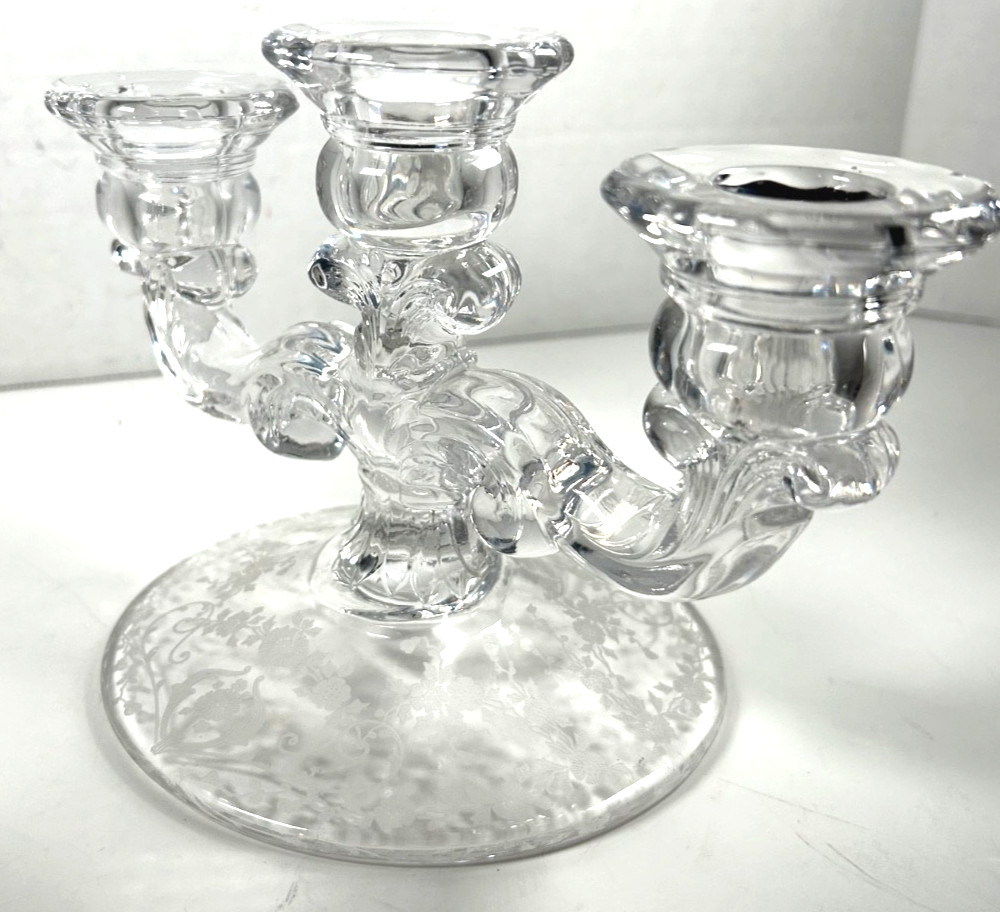 Cambridge DIANE ETCHED Glass Triple Light Taper Candle Holder Cande Stick