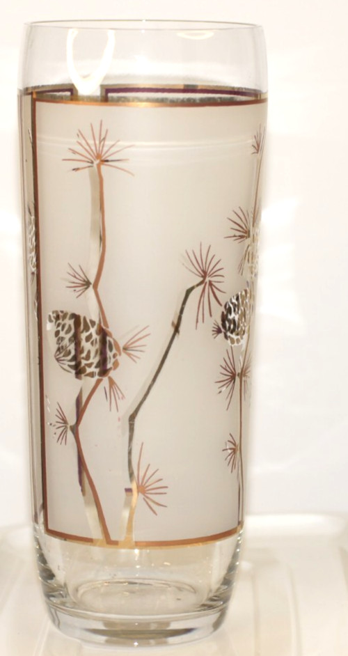 Vintage MCM Libby Frosted Vase Gold Pine Cones Branches 9 1/4″ T 3.5″ opening