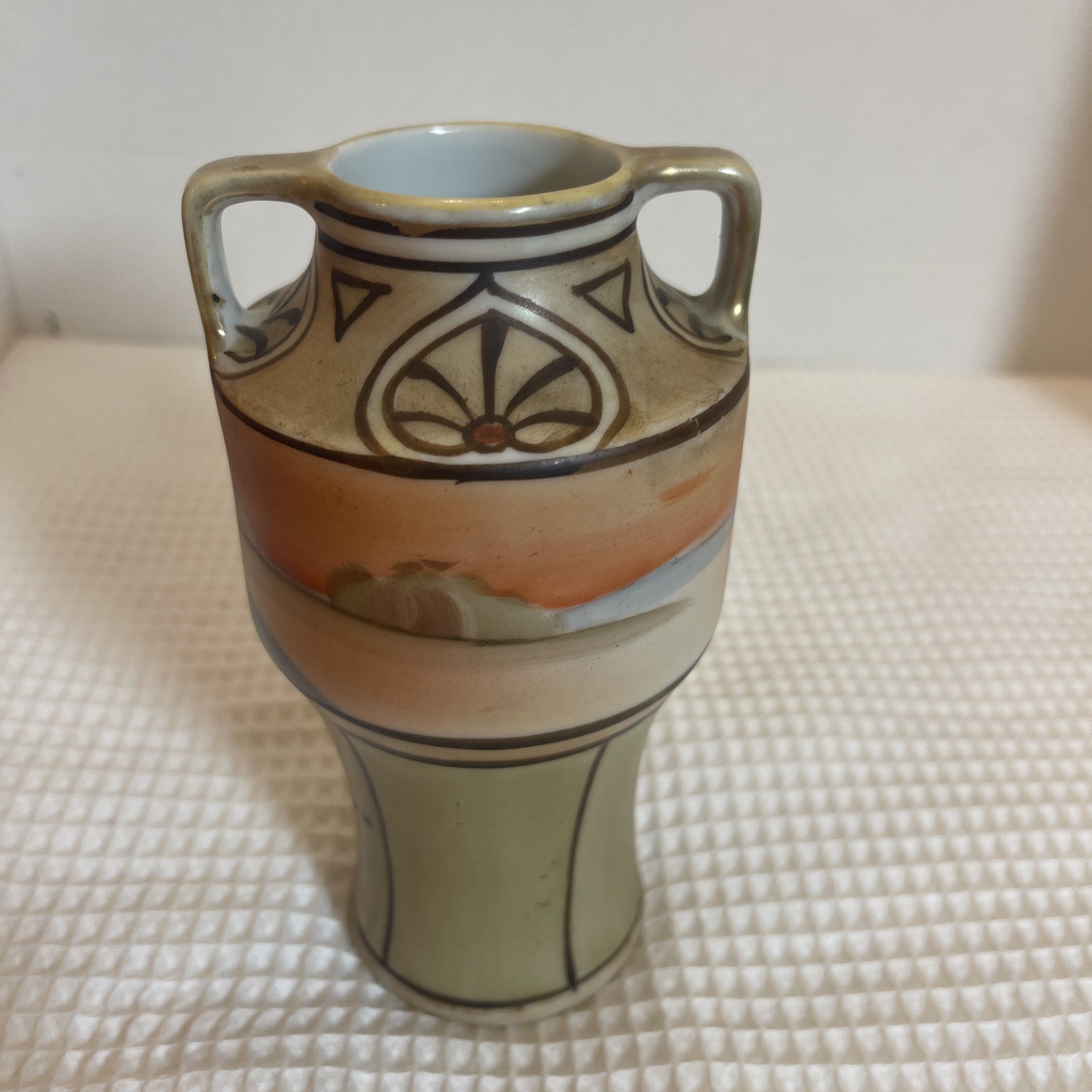 Nippon Hand Painted Double Handled Country Scenic Vase-6-1/8″ Tall – Wreath Mark