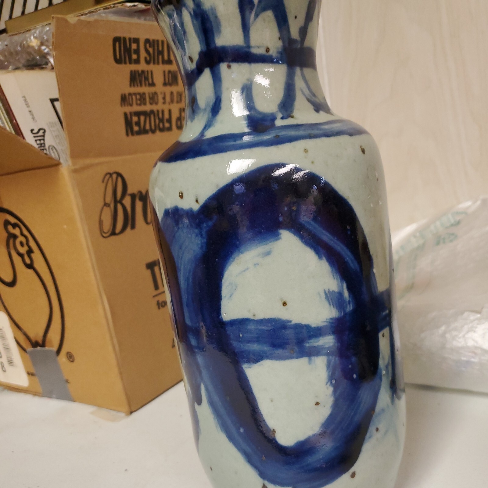 ANTIQUE ARTS&CRAFTS Blue ART POTTERY VASE 11.5″Antique Abstract Home Table Decor