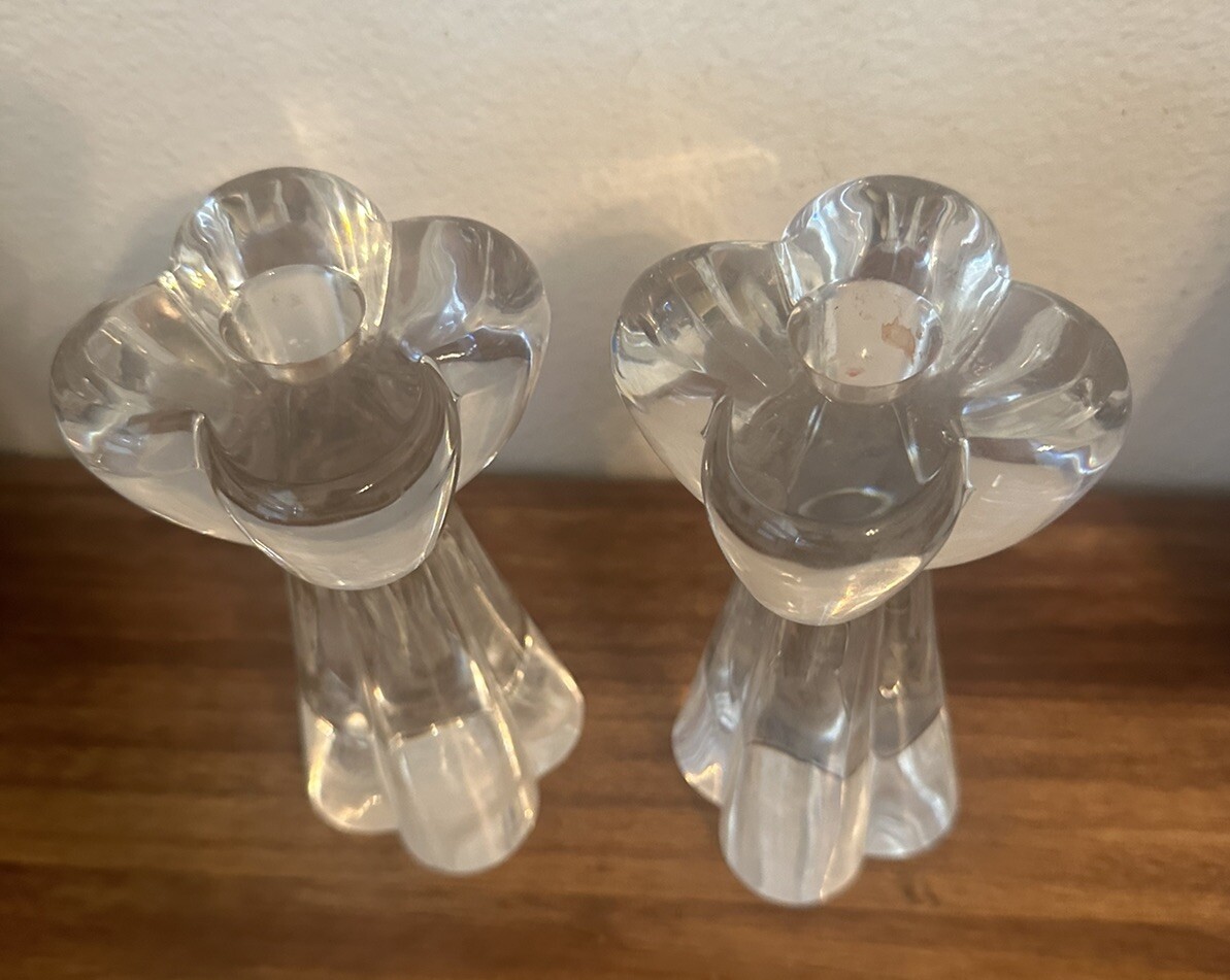 Pair of 2 BACCARAT France Diomede Clover Lobed Crystal Candlestick Holders, 7″