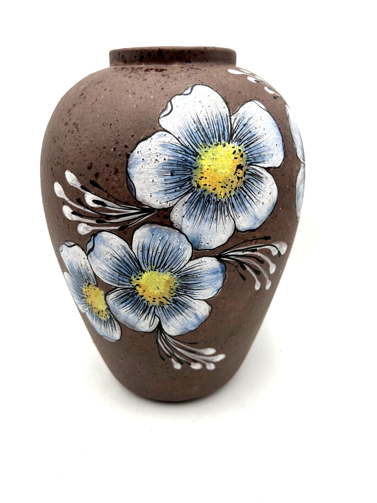Art Pottery Hand Painted Flowers Brown Vase 9 1/4″ Tall
