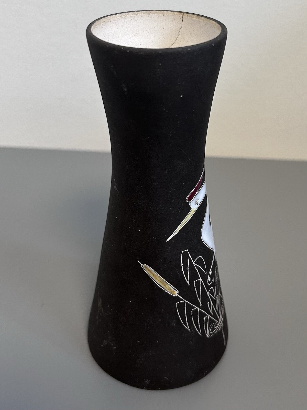 Vintage German Art Pottery Vase Black Hand Painted Heron Crane Signed Ratzeburg