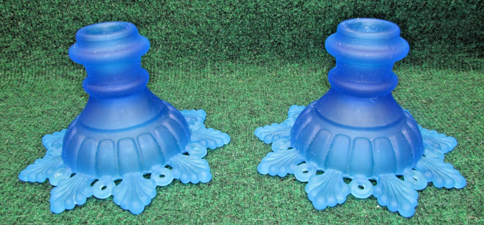 Westmoreland Blue Satin Glass Lace Edge Candleholders Pair Two Pieces Vintage