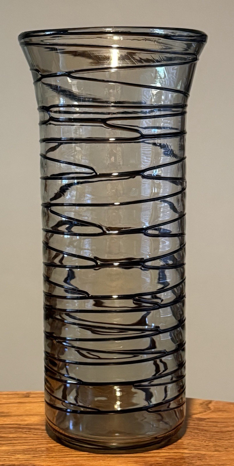 Murano Style Smoke Gray Art Glass Vase Black Applied Spiral Trail 12 Inches Tall