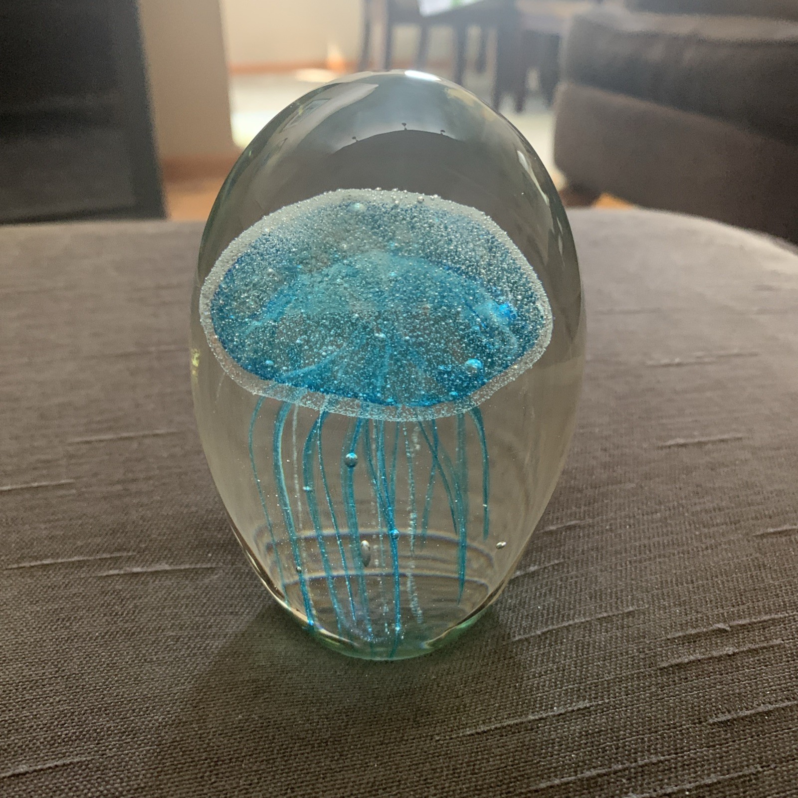 VINTAGE Art Glass Green Jellyfish Clear Paperweight Glows Under Black Light