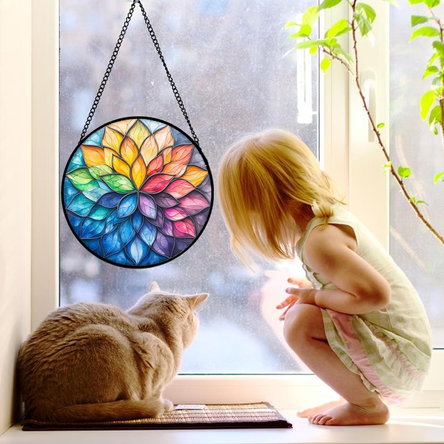 Stained Glass Window Hanging, Colorful Flower Petals s Diamond Glass Panel Ha…