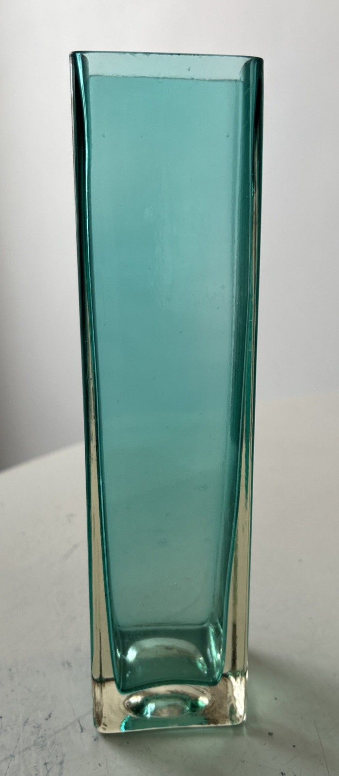 VTG Gunnar Ander Rectangular Teal Art Glass Vase Lindshammar Sweden 8.1”Hx2”D