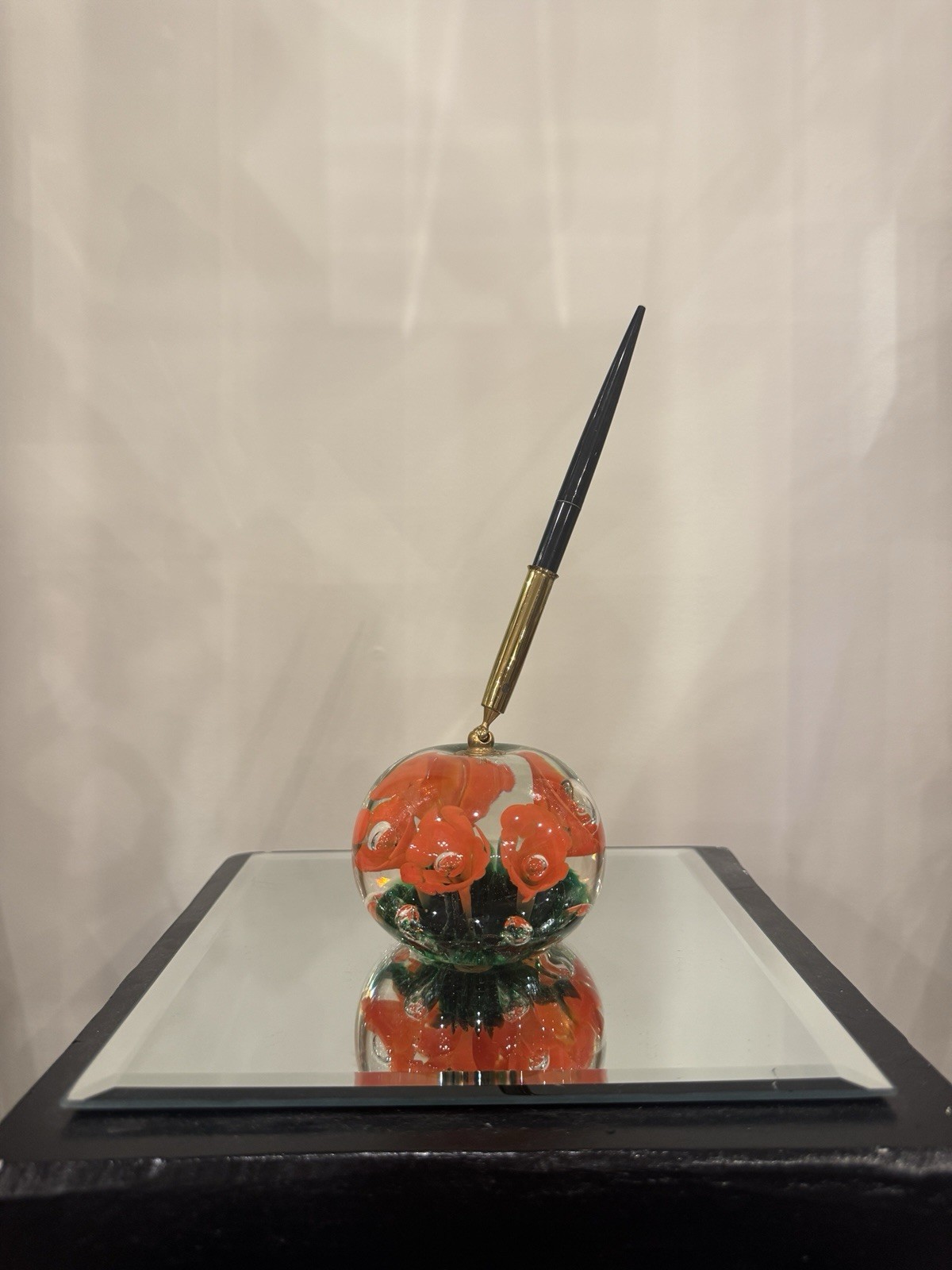 Maude and Bob St Clair Orange & Green Flower Paperweight Pen Holder, 1979
