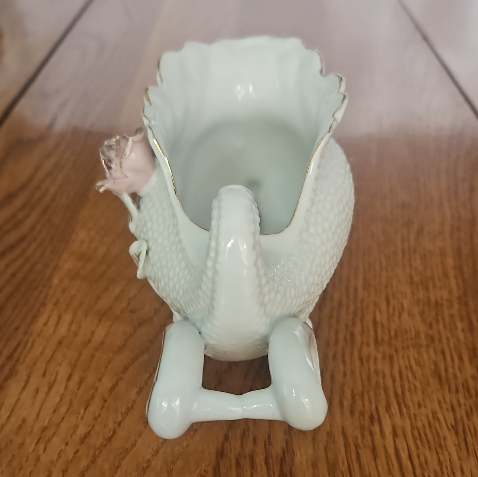 White Ceramic Wheelbarrow Vase Pink Rose Floral Pattern Gold Trim Glossy C1776