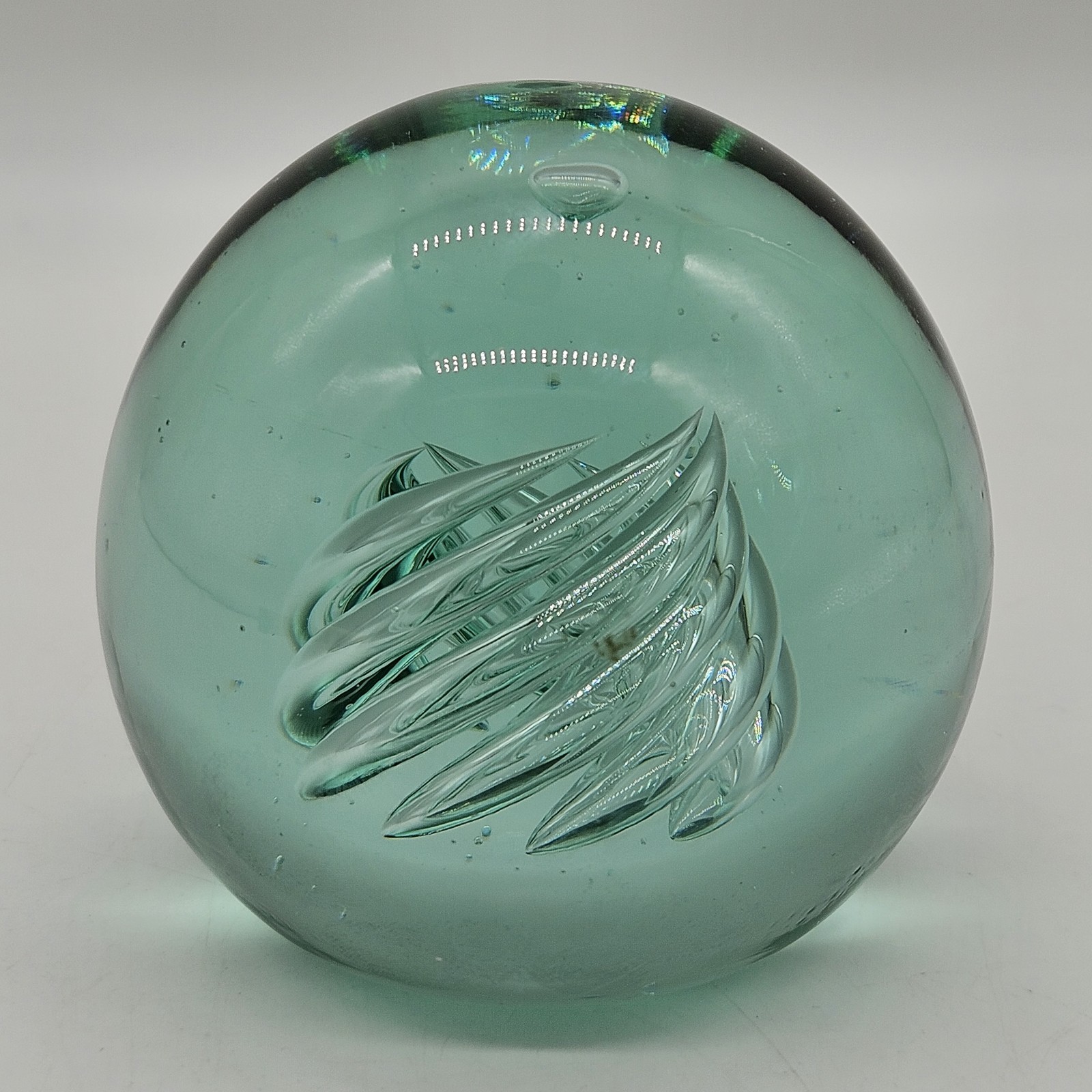Round Sphere Light Blue Green Swirl Bubble Glass Paperweight 2.5″