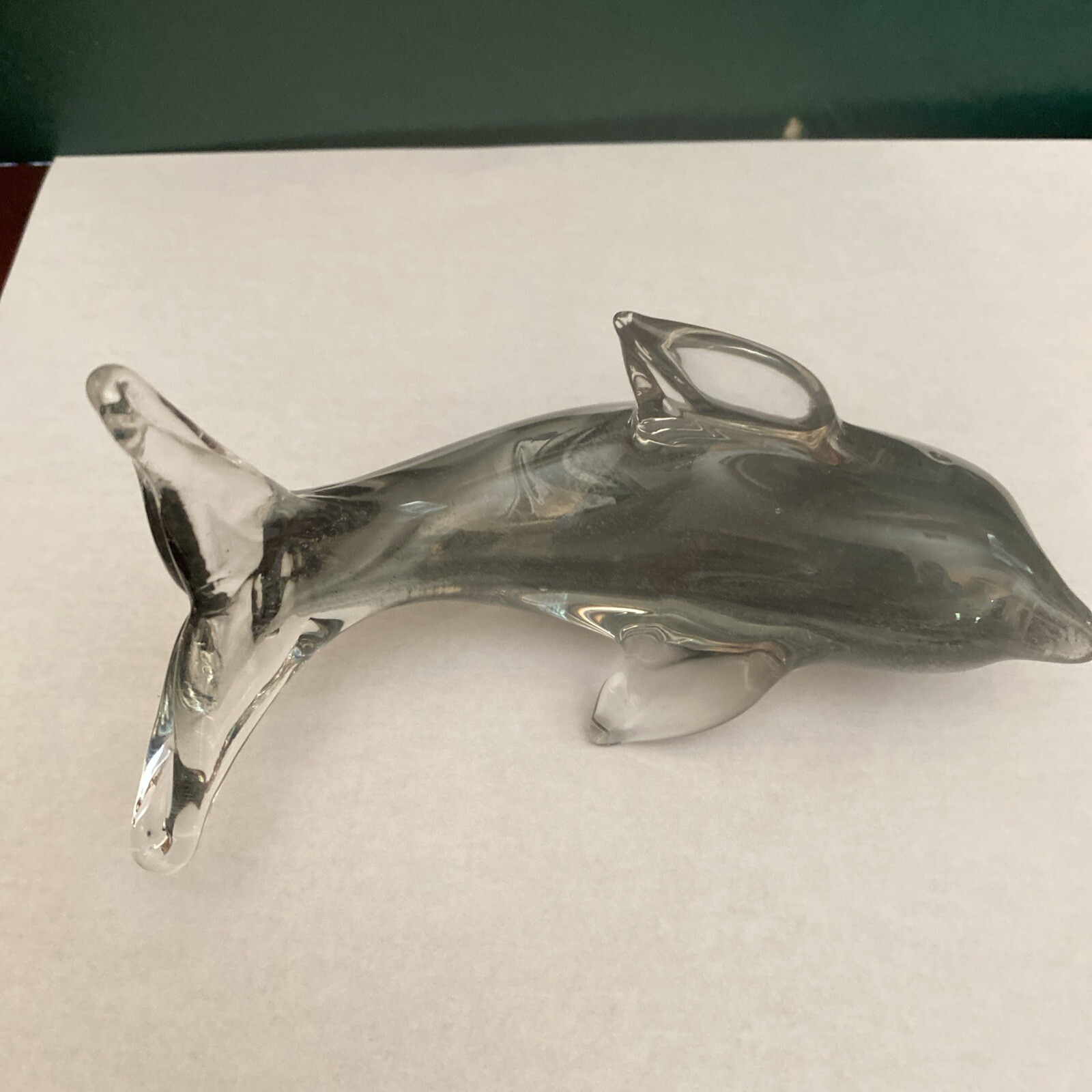 Vtg Art Glass Dolphin Paperweight Clear Blue & Gray Hues Hand Blown Figurine