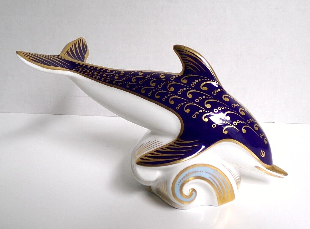 Royal Crown Derby Cobalt Imari Dolphin Porcelain Paperweight 1987 Marked 3.5”