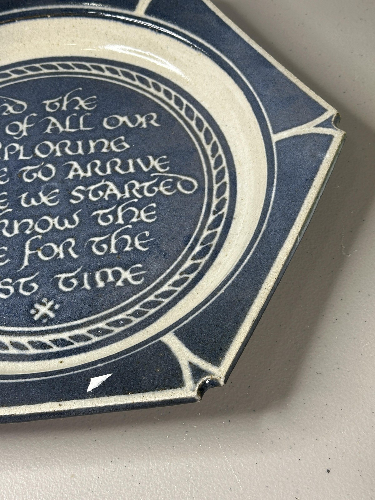 Studio Pottery Stoneware Hexagon Quote Plate Blue White GW Signed T S Eliot