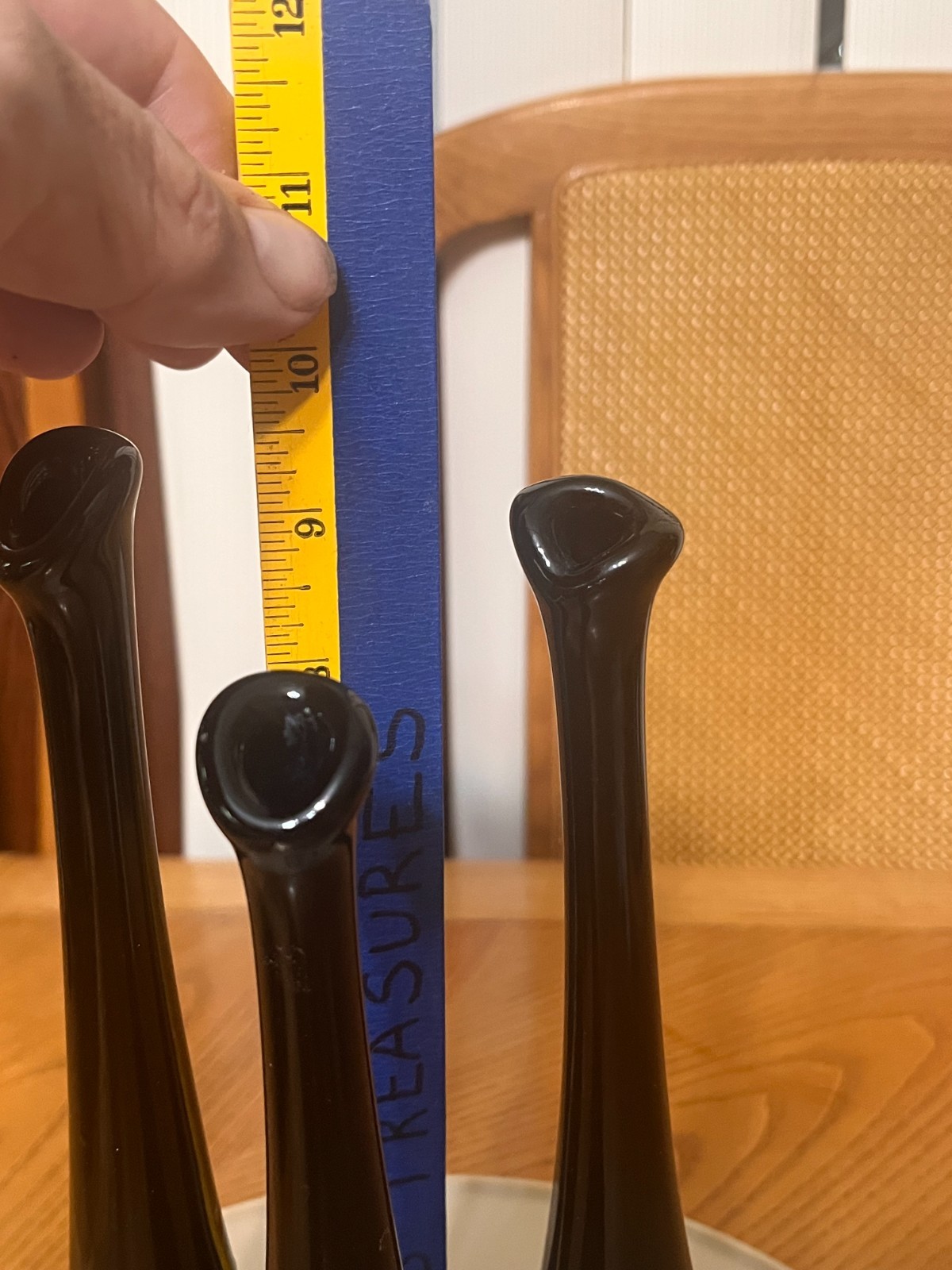 VINTAGE LOT OF THREE BLACK EBONY GLASS MCM BUD VASES 9 1/2″, 9″, 8 1/2″