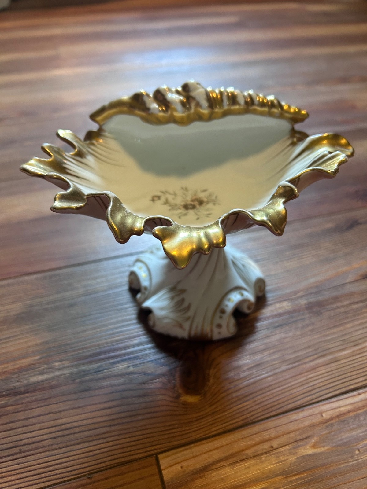 Dresden Antique Porcelain Compote Shell W Pink Rococo Gold Guild Pedestal Dish