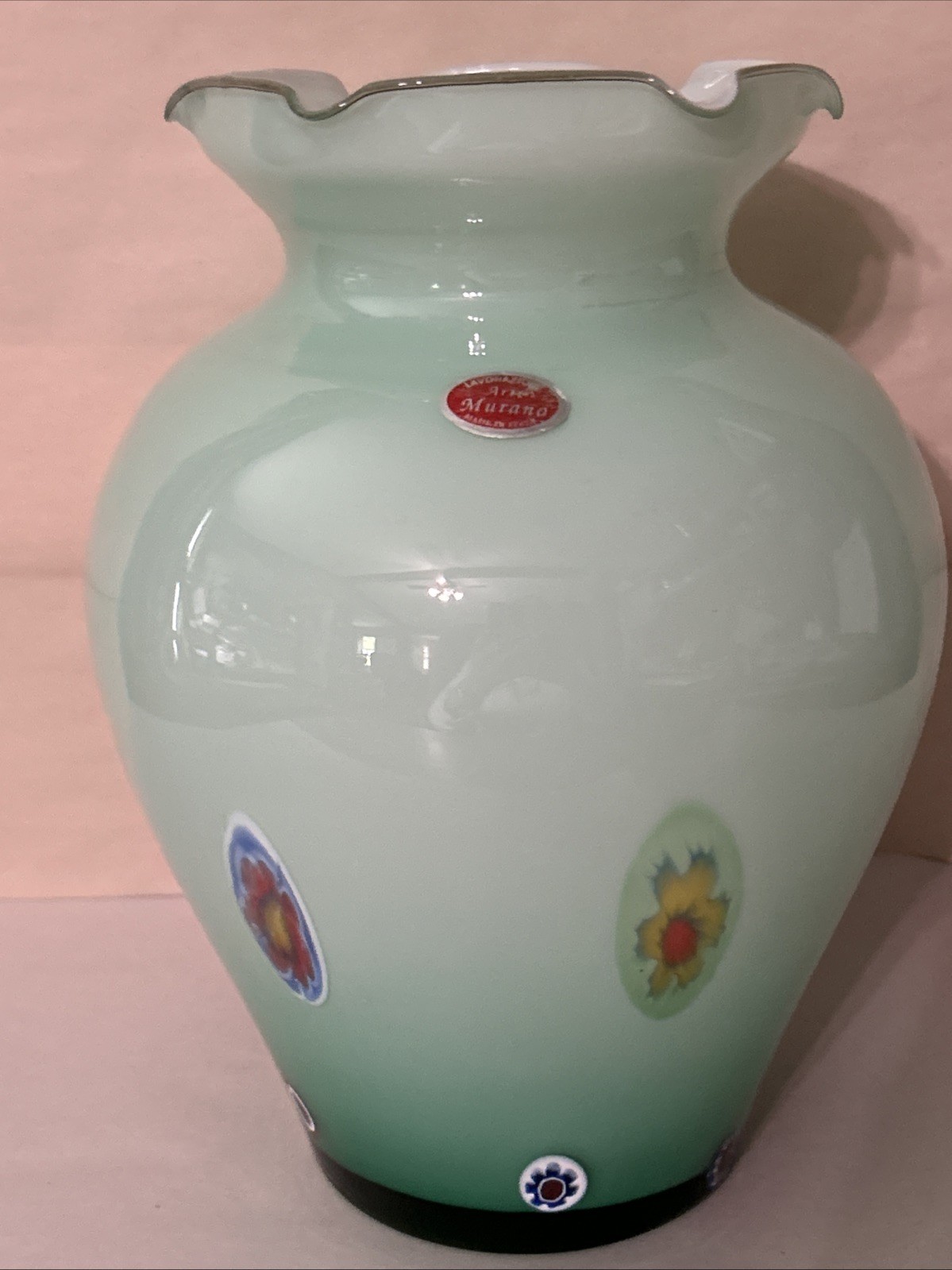 Large Italian Millefiori Arte Murano Lavorazione Mint Green Cased Vase 10.25″