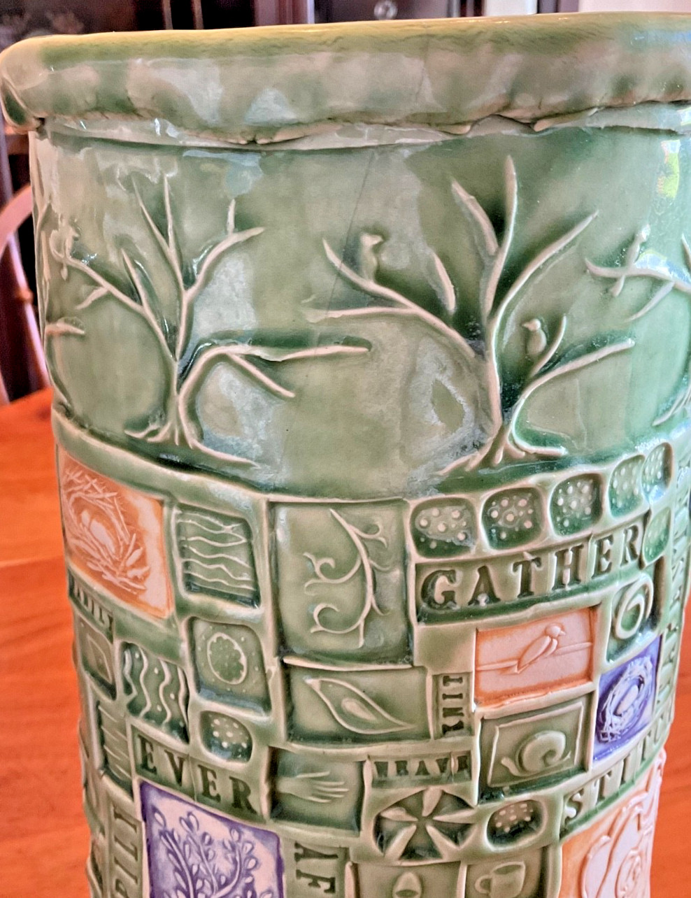 Kristy Lombard Patchwork Series Vase Signed 2007 Sage Green Glaze Heavy 13″ Tall