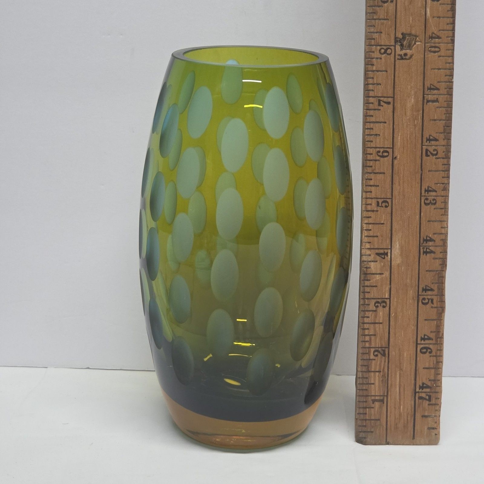 Vintage MCM Abstract Art Glass Vase Green & Amber Frosted Thumbprint
