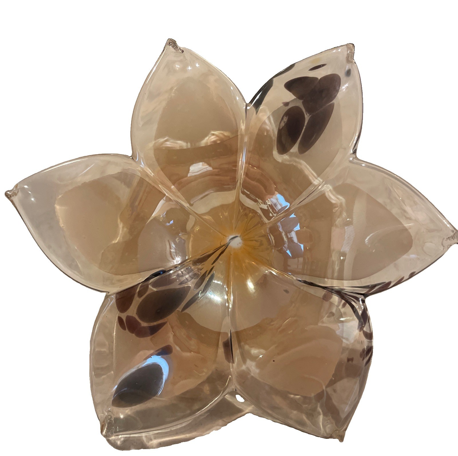 Hand Blown Glass Lily Flower Art Glass Spiral Stem Amber Cream Gold Brown 5.5”
