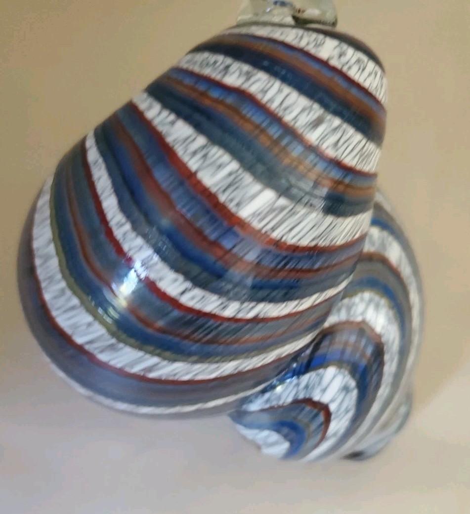 RARE Signed M.E. Mark Eckstrand Art Glass Sea Shell 1999 Red Wht Blue EUC