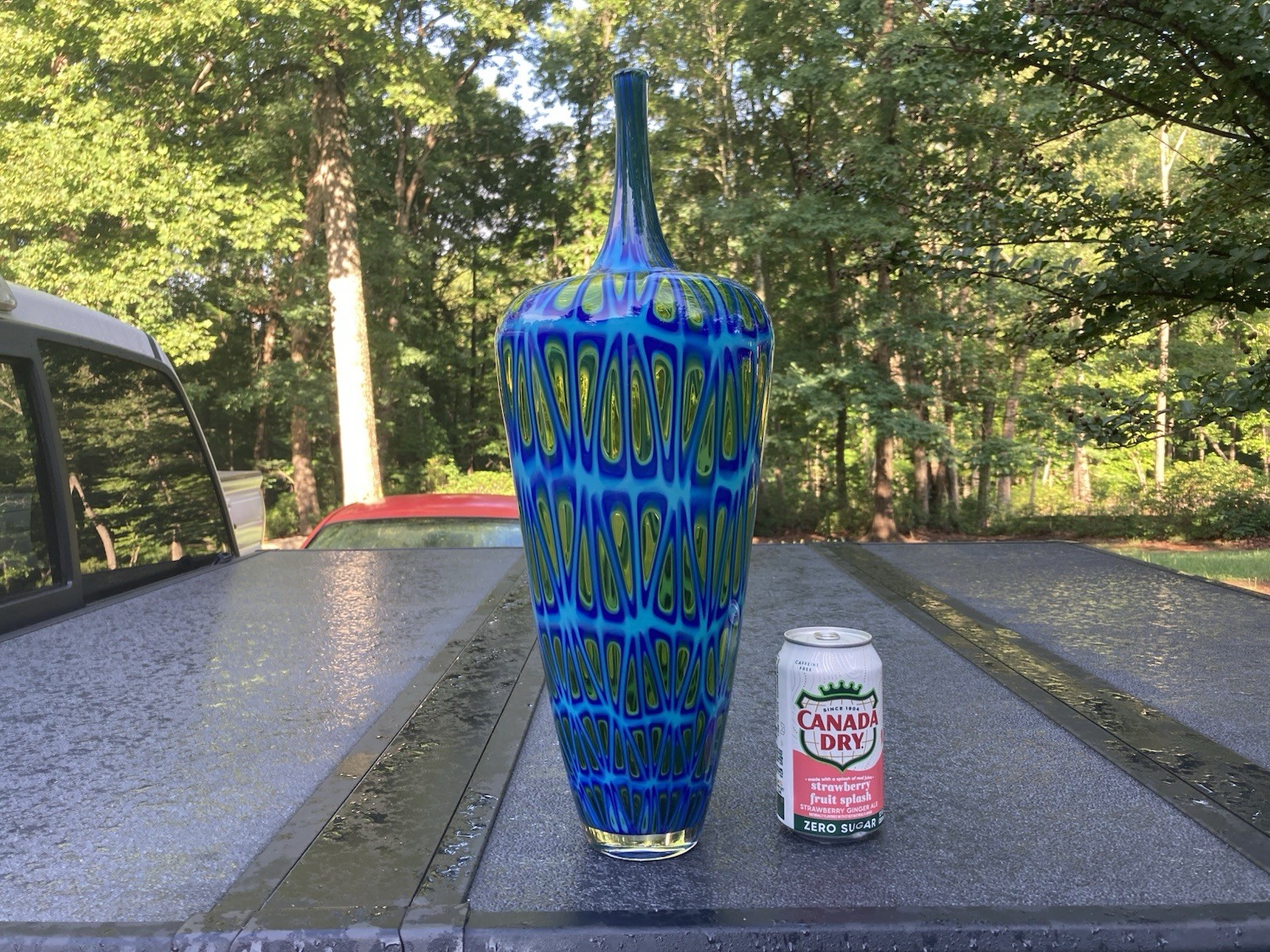 Stunning Signed Sam Stang Art Glass Blown Bottle Vase / Raindrop Windows