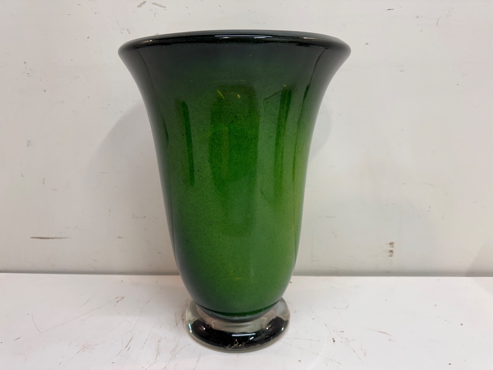 Large Hand Blown Green Art Glass Vase Signed By Artist 12”