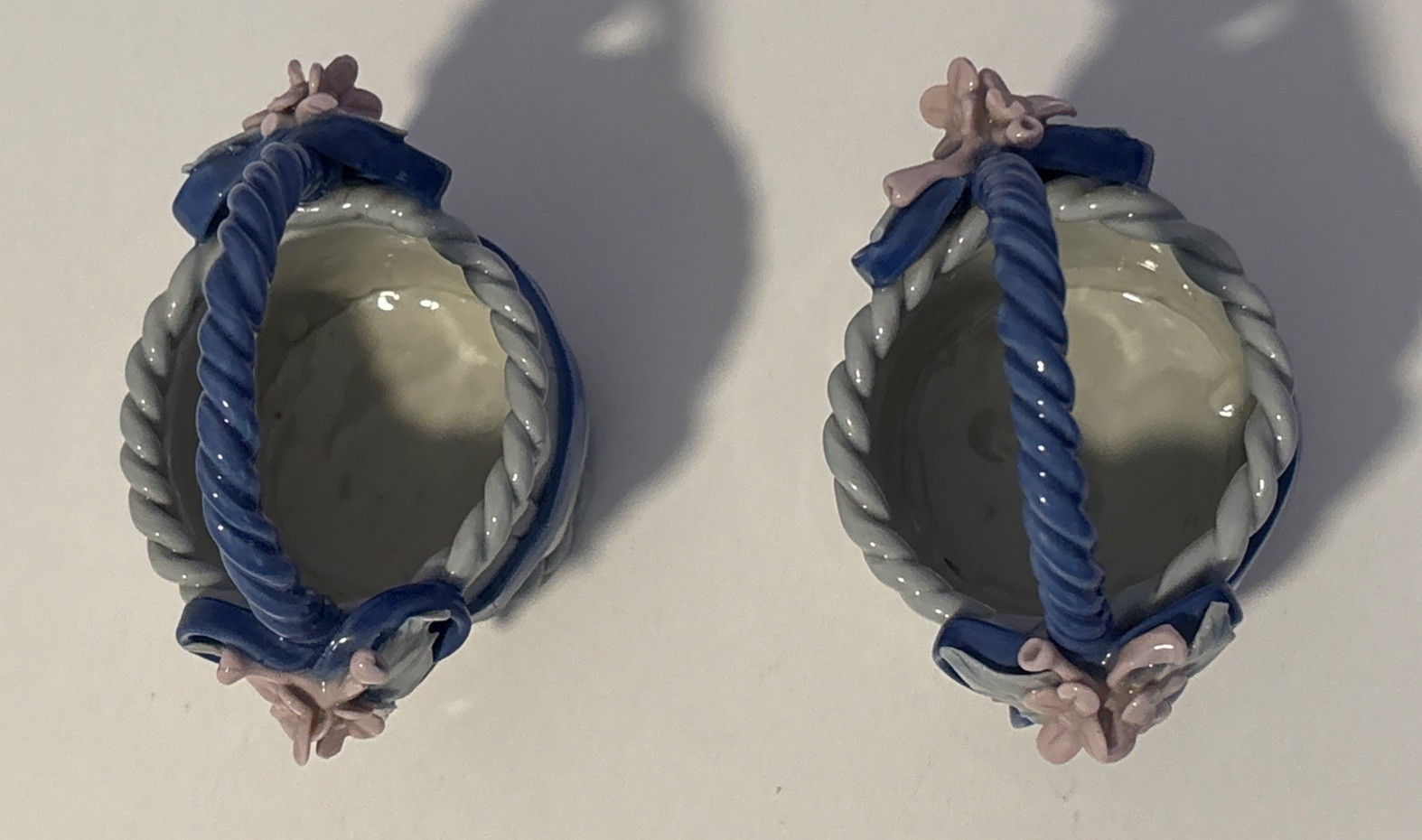 2 Vintage Mini Blue Ceramic Baskets Flower Embellishments & Braided Handle 3.5″H
