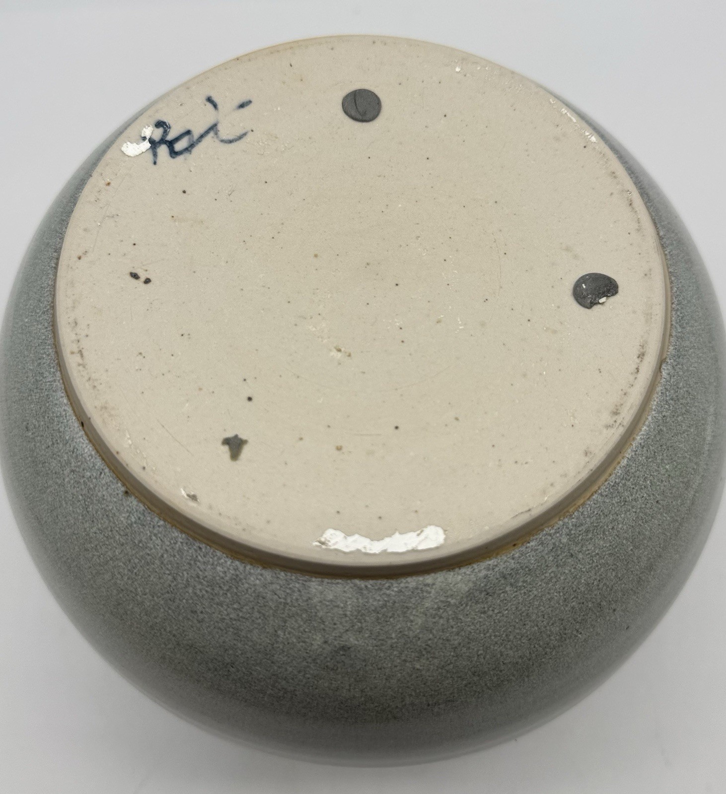 Blue & White Studio Pottery Vase, Round with wide brim signed, Coastal decor