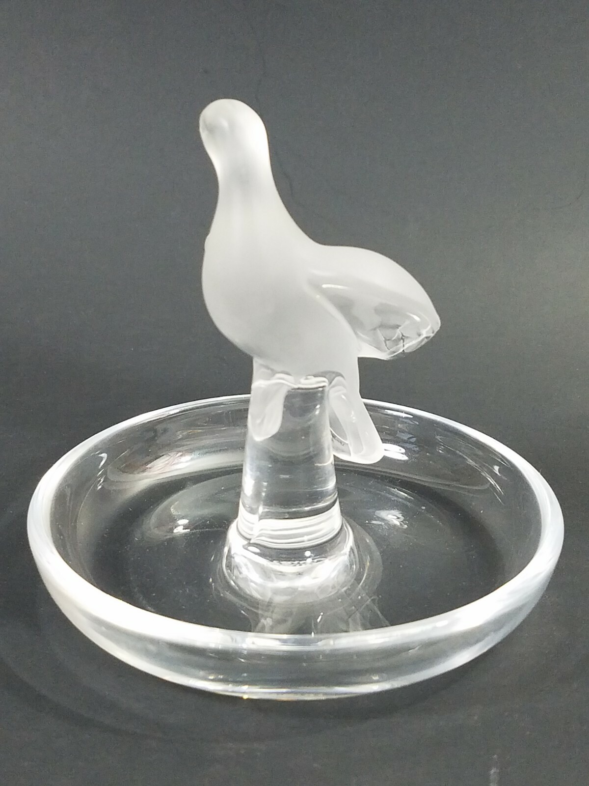 Lalique Crystal Trinket Pin Nut Dish with Love Bird/Dove Figure Motif France
