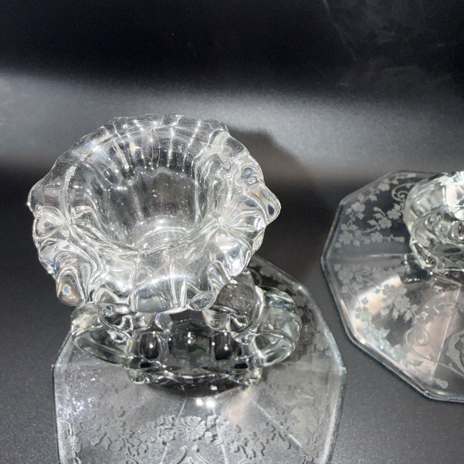 Cambridge Vintage Set- 2 Glass “Keyhole” Candlestick Holders & Bowl Diane Etched