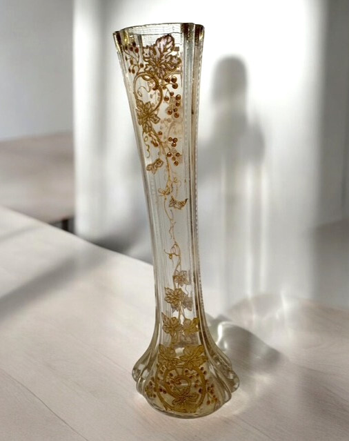 Moser Harrach Bohemian 10″ VASE Clear w Raised Gold & Enamel Grapevine Antique