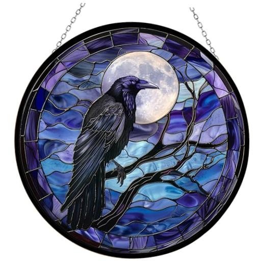 Stained Glass Window Hanging Sun Catcher Halloween Haning 6.3 inches Moon Crow