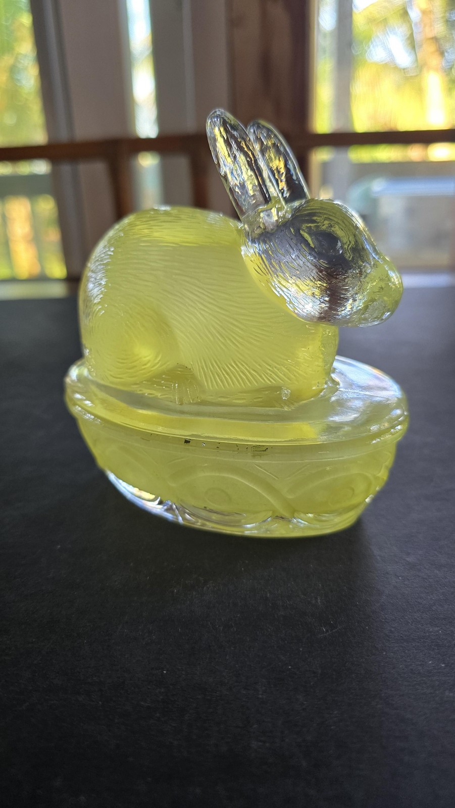 Galerie Yellow Pressed Glass Bunny on Nest Trinket Box Lidded Basket Candy Dish