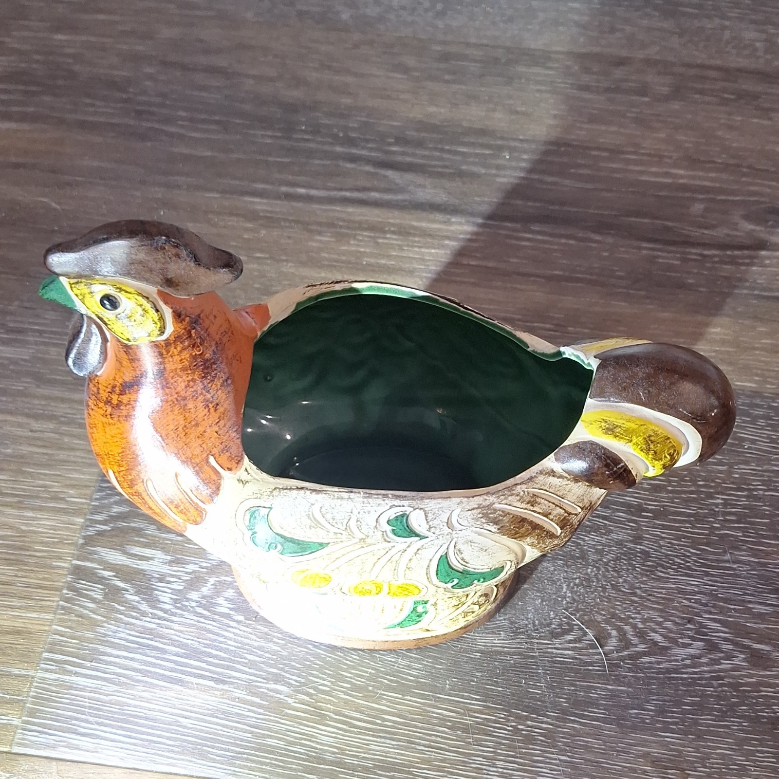 Ceramic Bird Shaped Planter Brown Green Yellow White Pottery Glossy Animal