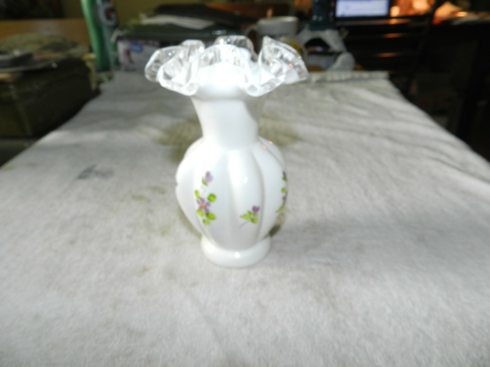 Vtg Fenton Ruffled 6″ Vase Violets in Snow Hand Painted Signed Valory Gherke