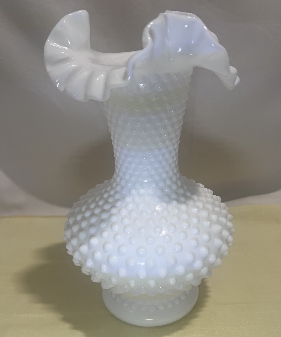 Vintage Fenton White Milk Glass Vase Hobnail Ruffled Double Crimped 10.5″ Tall