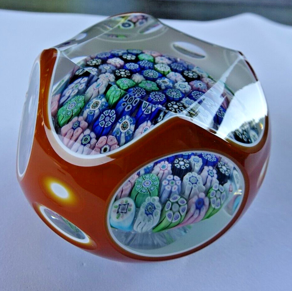 1981H Perthshire Glass Amber Overlay Faceted Millefiori Paperweight Fancy Cut LE