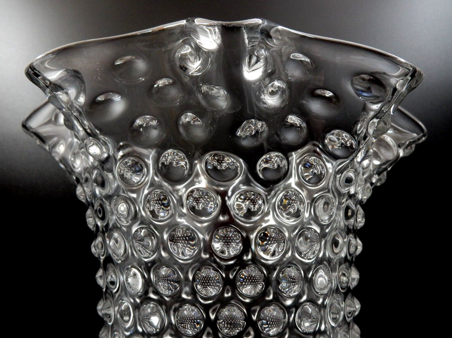 VINTAGE DUNCAN & MILLER RUFFLED EDGE HOBNAIL PATTERN PRESSED GLASS VASE