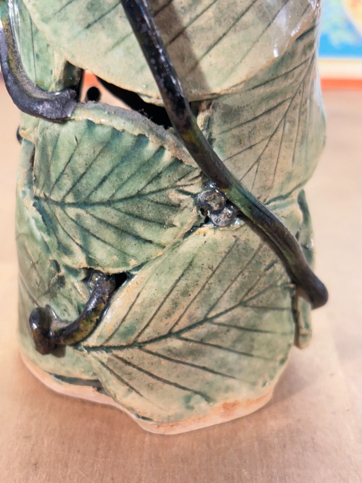 Studio Art Pottery Ceramic Foliage Vase Abstract Brutalist Textured, 9″h