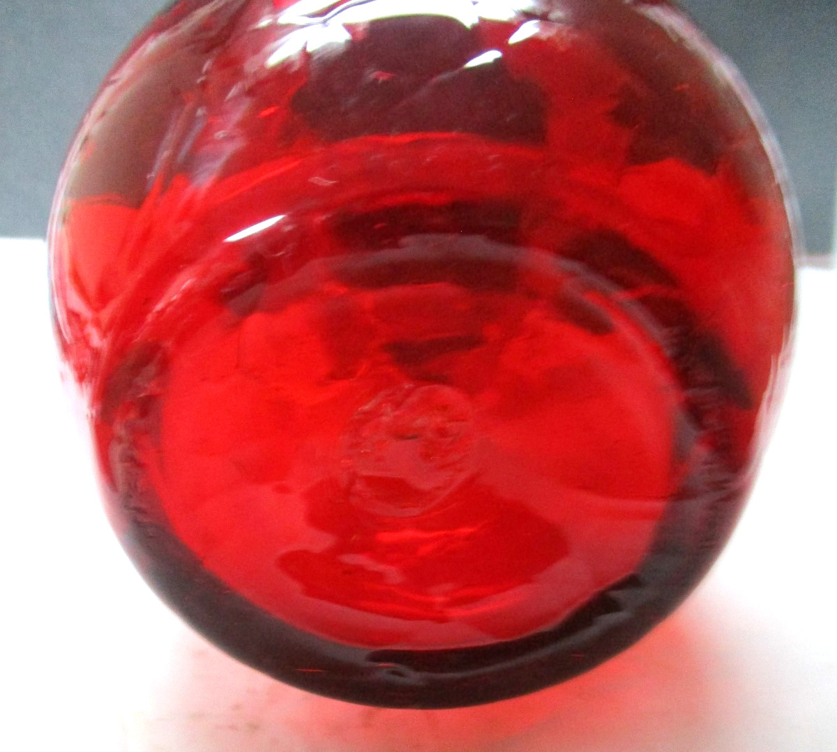 Kanawha Ruby Red Crackle Glass Vase with Applied Rigaree Scroll Decor w-sticker