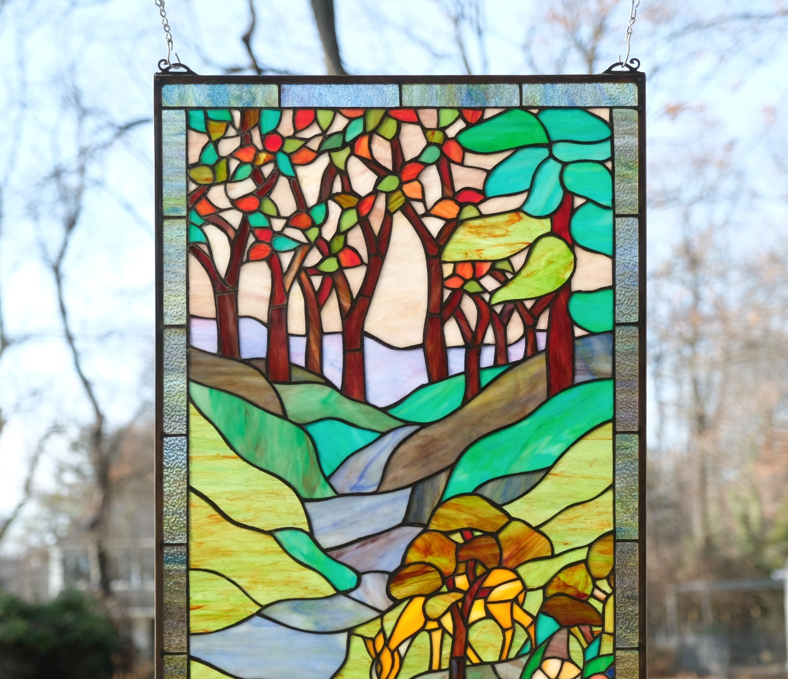 Tiffany Style Stained Glass Window Panel deer drinking water, 20″ x 33.75″ HF446