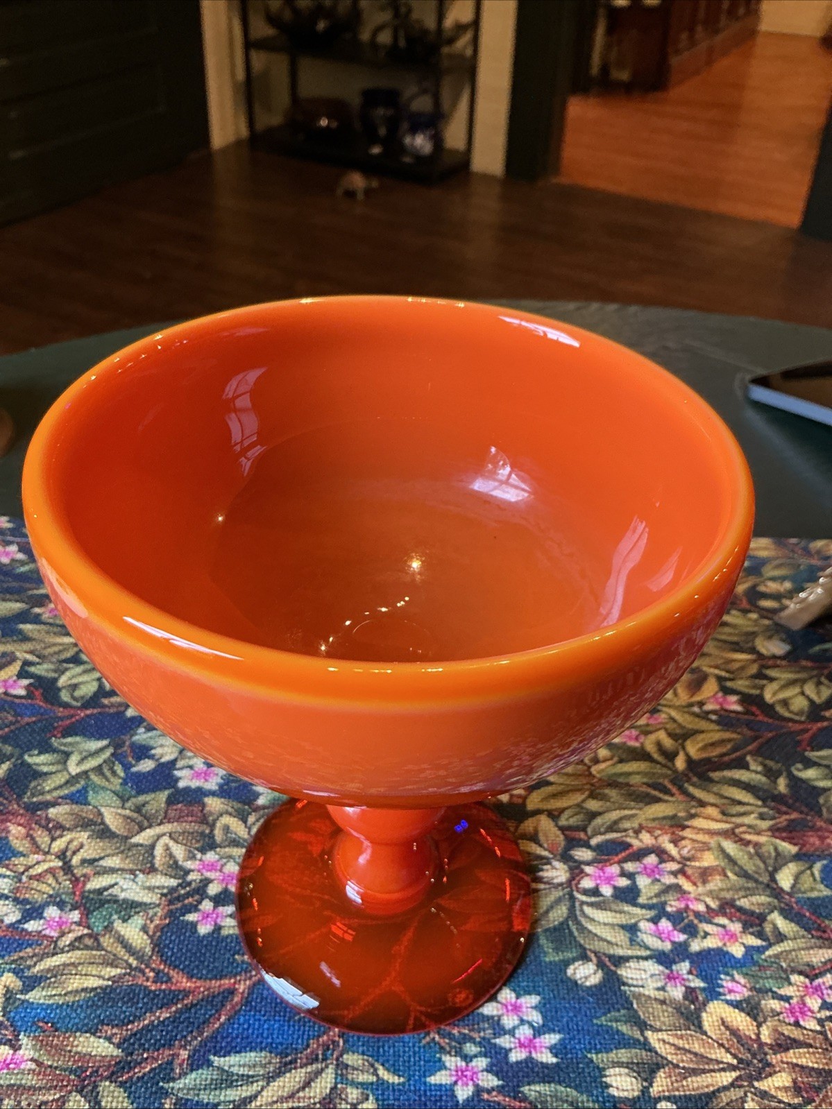 MCM 6.75” Erik Hoglund Boda Opaque Orange Glass Compote Signed Retro