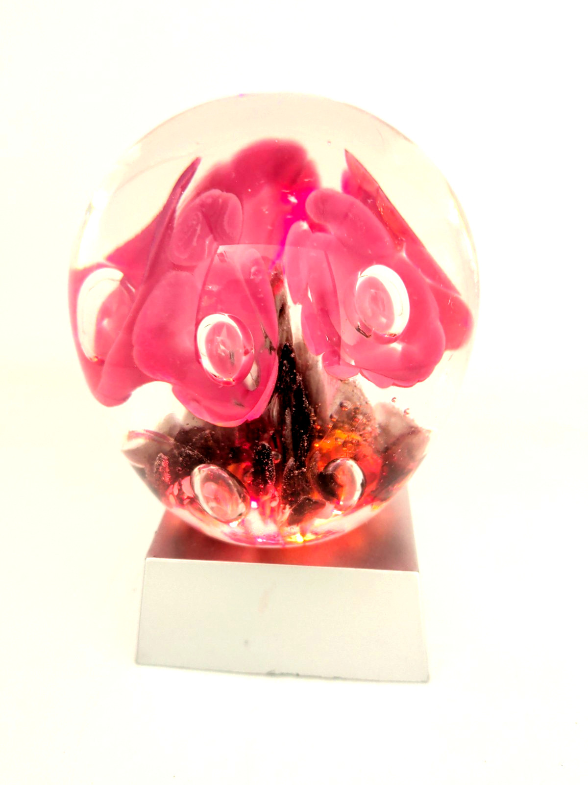 VTG 83 Maude&Bob St Clair Art Glass Paperweight Pink Trumpet Flower LIGHTED BASE