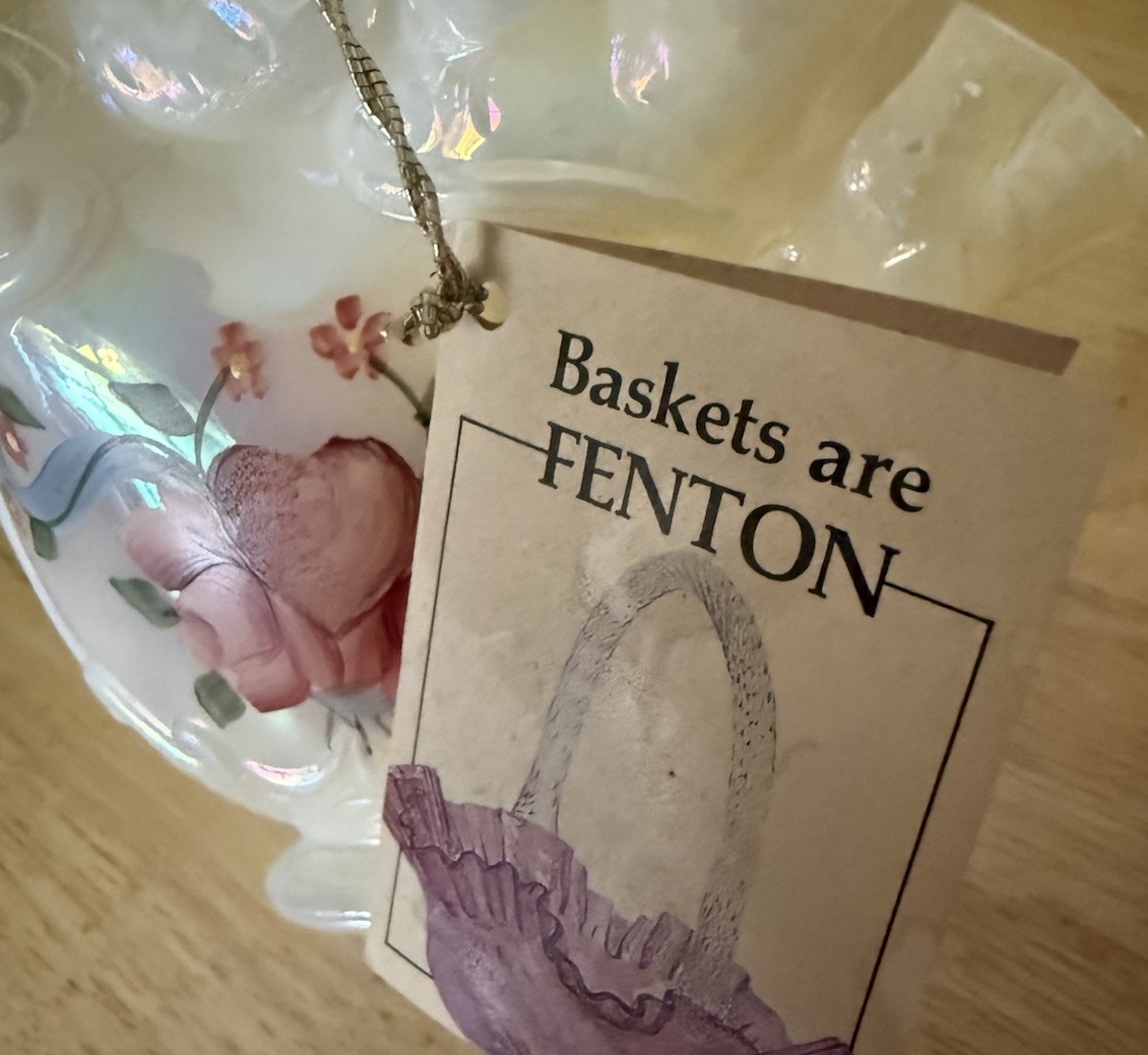 Fenton NWTS White Carnival Glass Ruffled Rim Basket Hand Painted Floral Signed