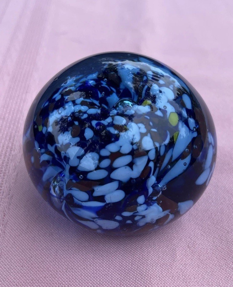Paperweight Colorful Blizzard Dots in a Blue Glass. 2.5″D, 11oz