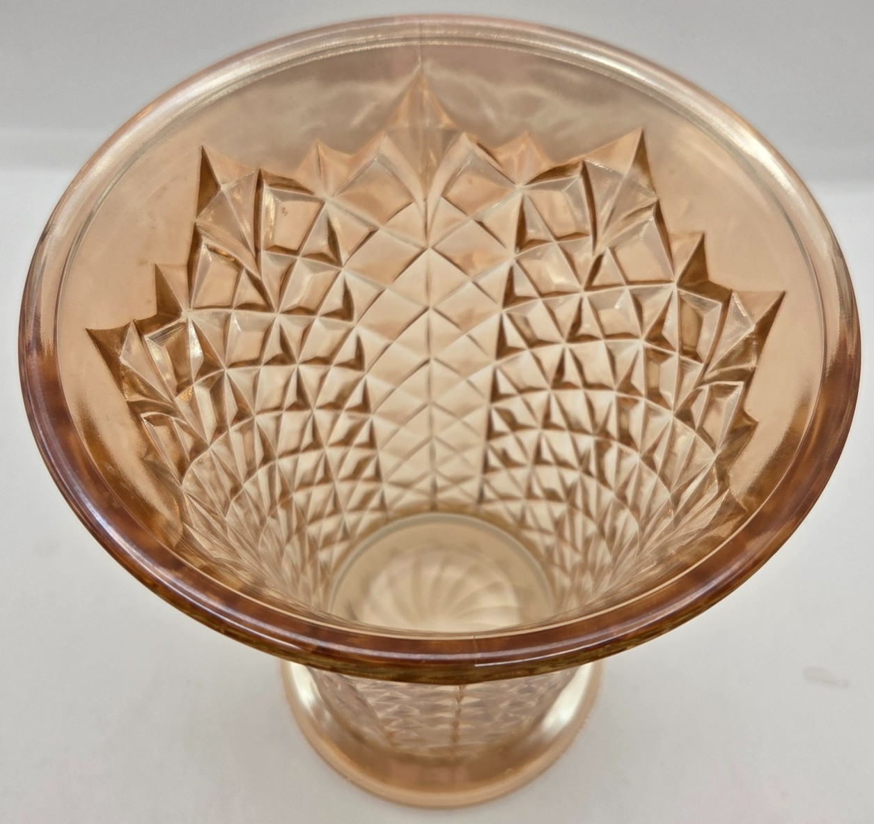 Vtg Indiana Glass Diamond Point Vase Marigold Carnival Glass Iridescent 9″ MINT