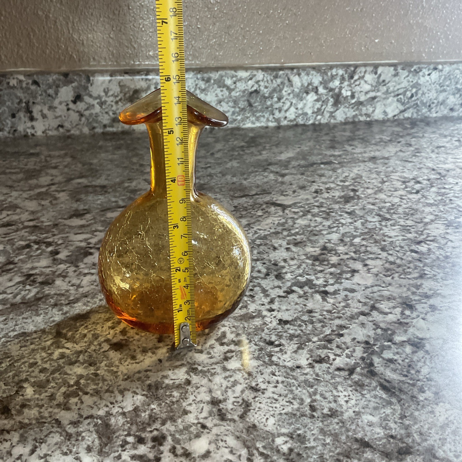 Hand Blown Amber Crackle Glass Vase Fluted Opening