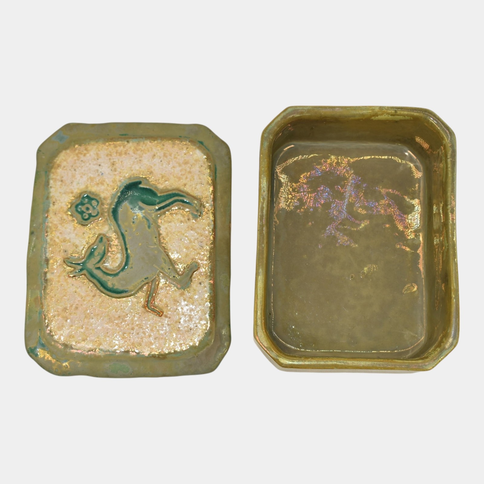 Pewabic Detroit 1940s Iridescent Gold Cigarette Box With Playful Deer Lid